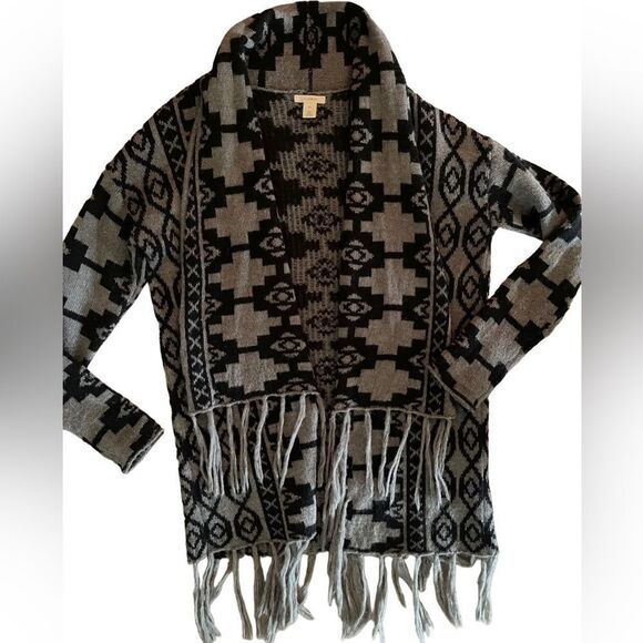 Caslon black grey southwestern high low open fringe cardigan sz XS wool blend - Picture 6 of 11